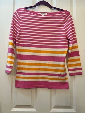 🦋 Isaac Mizrahi Pink, White & Yellow Striped boatneck Sweater size medium